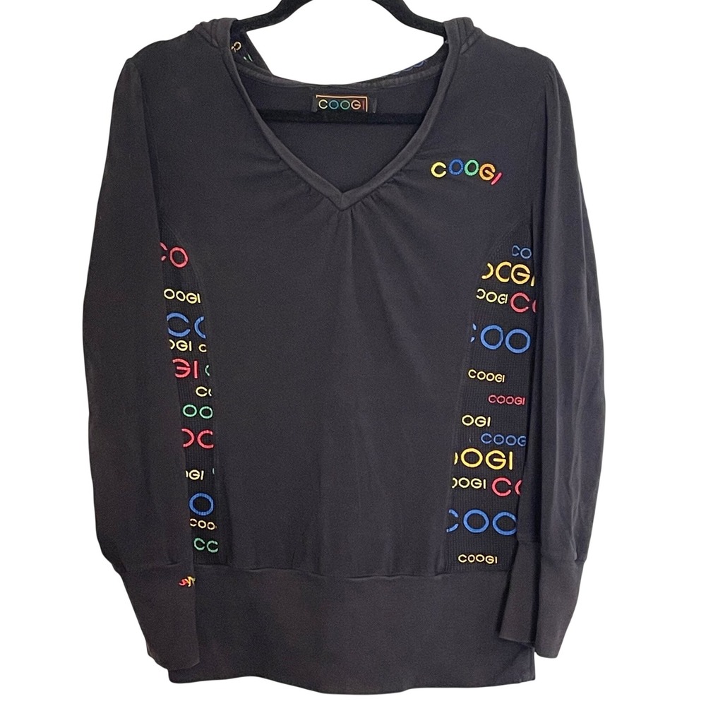 Vintage Y2K COOGI Hooded VNeck Long Sleeve Top Black Rainbow Logo Panels Women L
